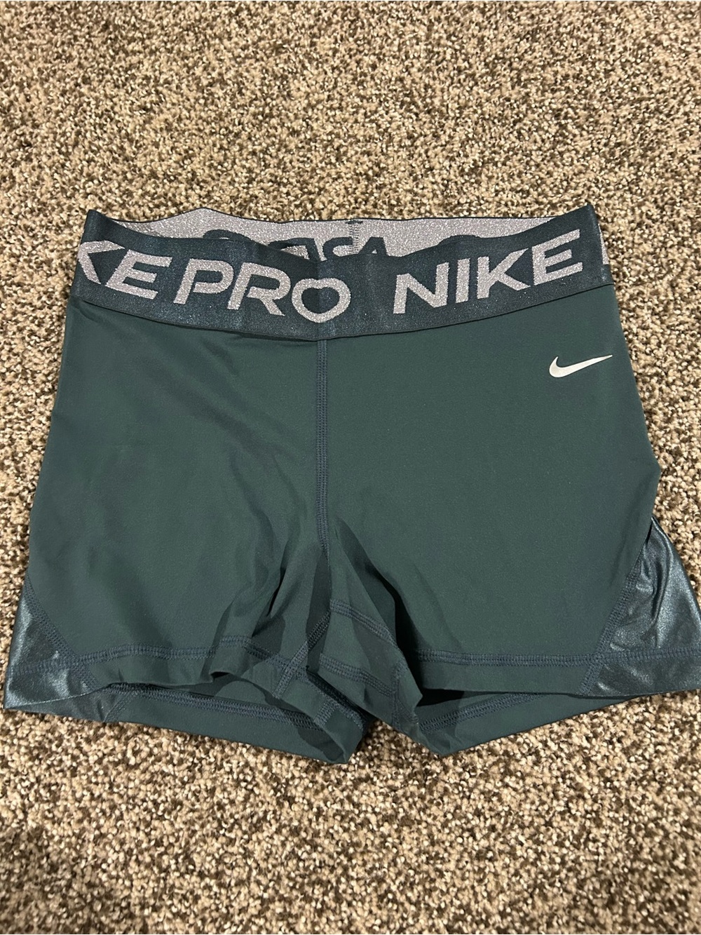 Nike Pro Women's Spandex Forest Green Compression Shorts with Silver Logo